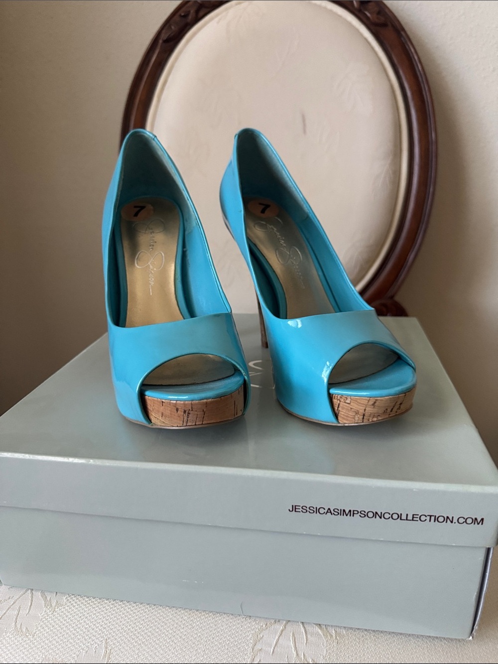 Jessica Simpson Glossy Turquoise Peep-Toe Cork Platform Pumps